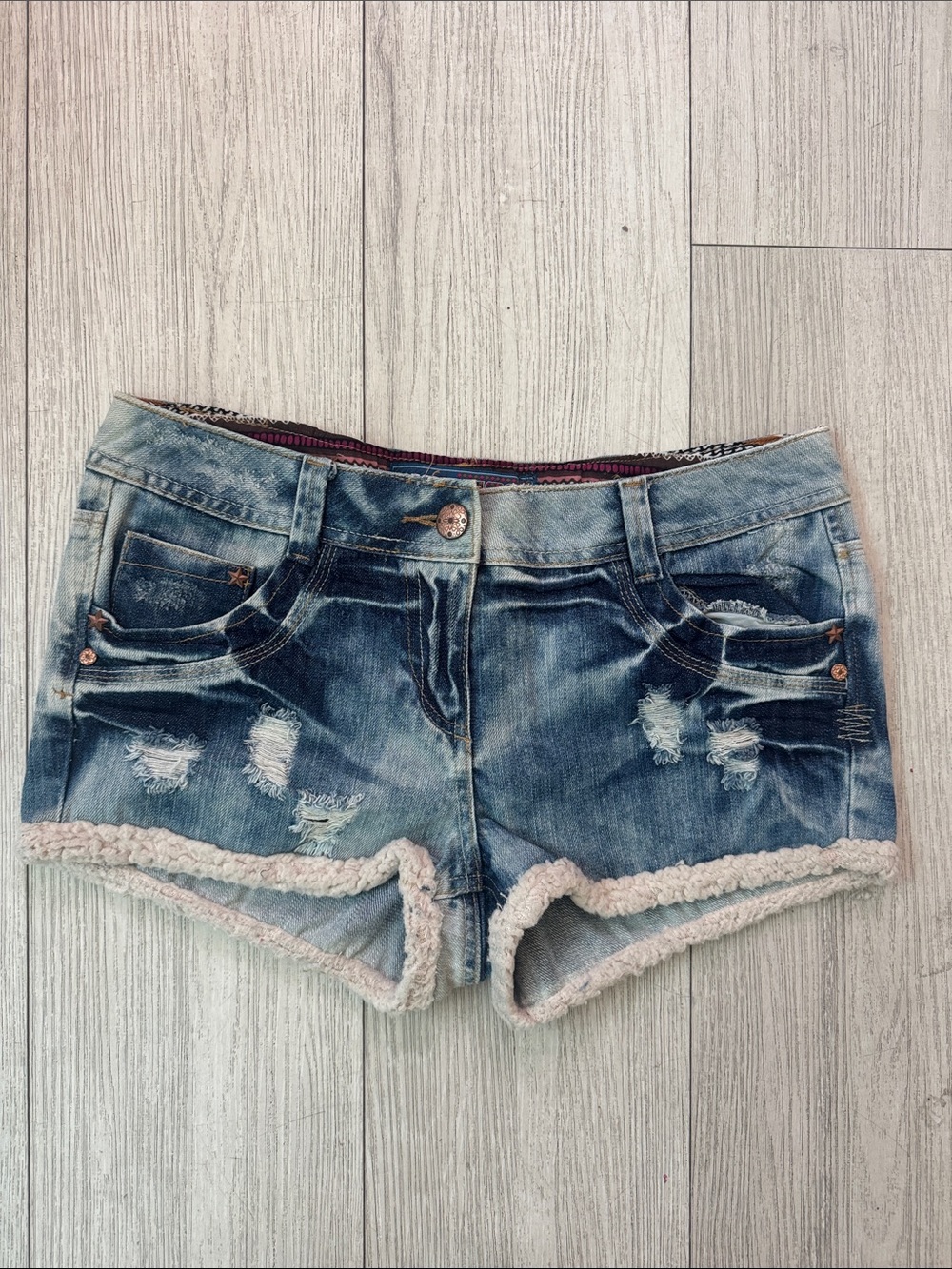 Denim Distressed Sherpa-Lined Women's Shorts - Blue